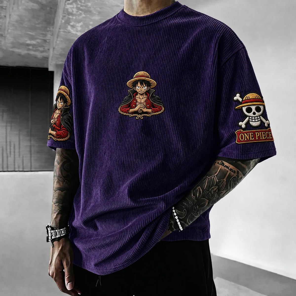 One Piece Unisex Anime-Style Retro Corduroy Oversized T-Shirt