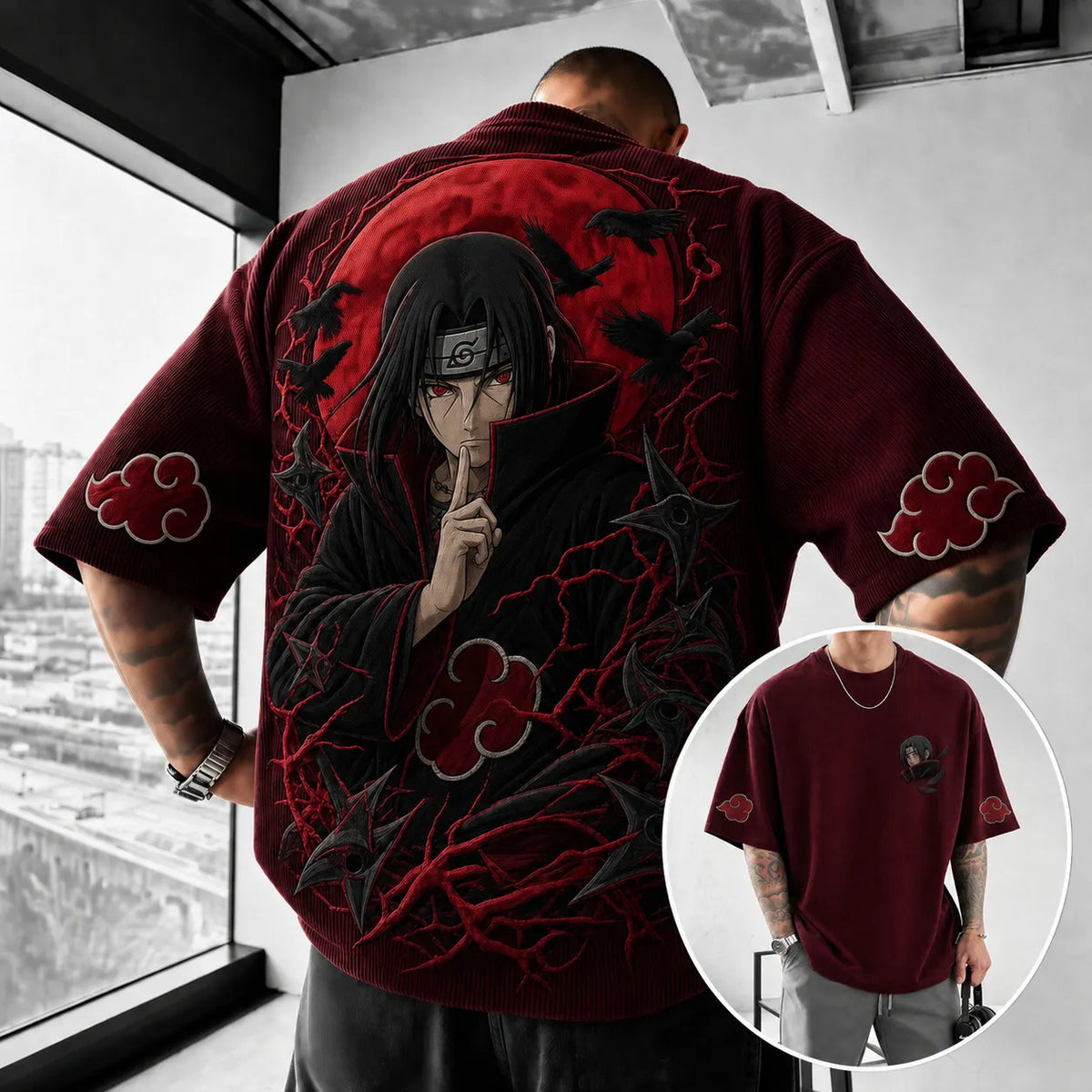 NINDO Unisex Oversized Anime-Print Vertical-Stripe Short-Sleeve T-Shirt