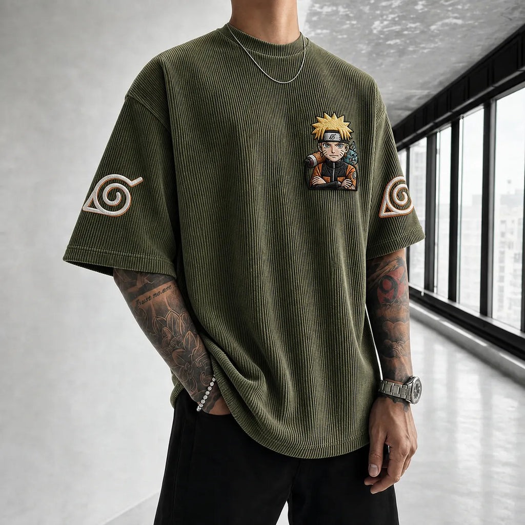 NINDO Unisex Oversized Anime-Print Vertical-Stripe Short-Sleeve T-Shirt