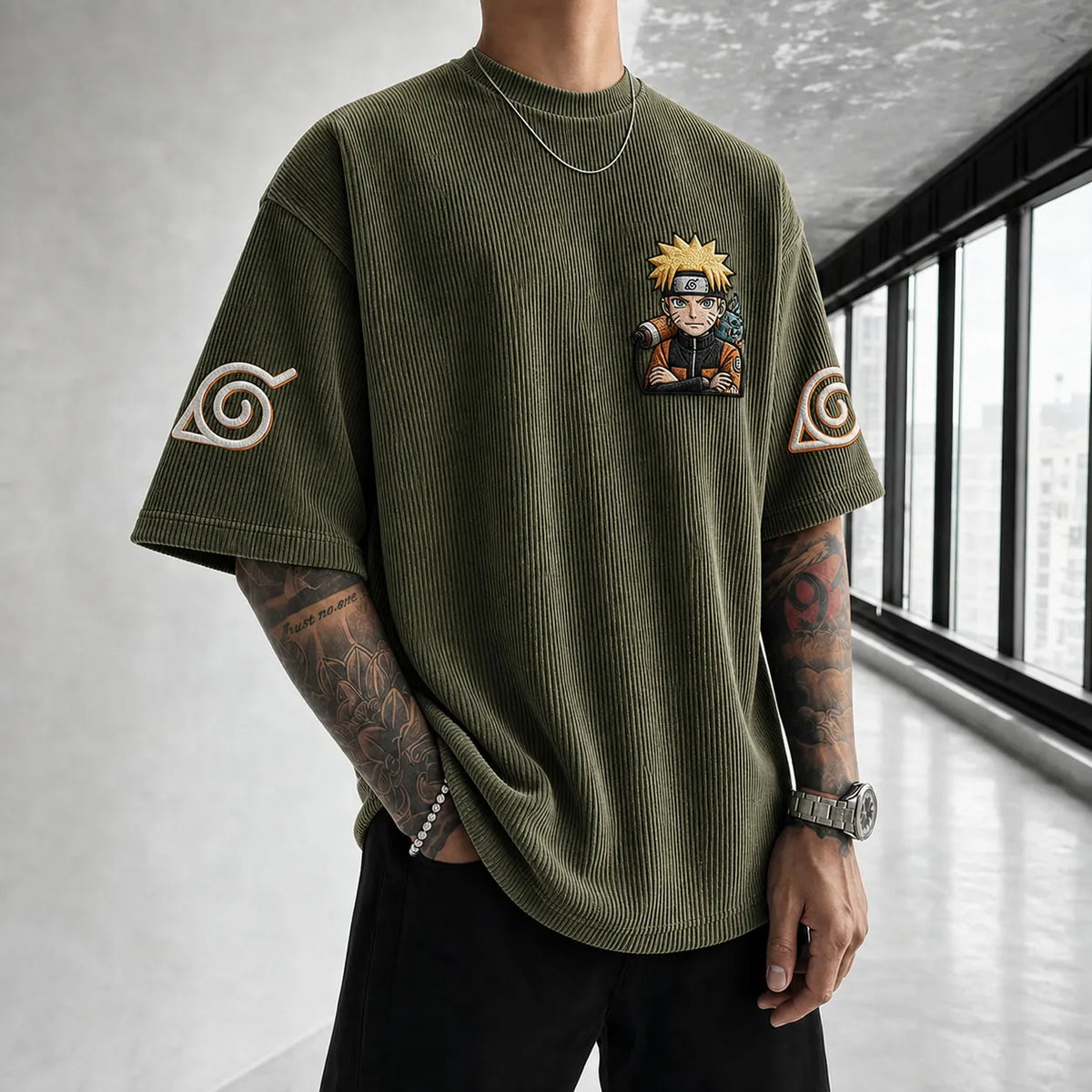 NINDO Unisex Oversized Anime-Print Vertical-Stripe Short-Sleeve T-Shirt