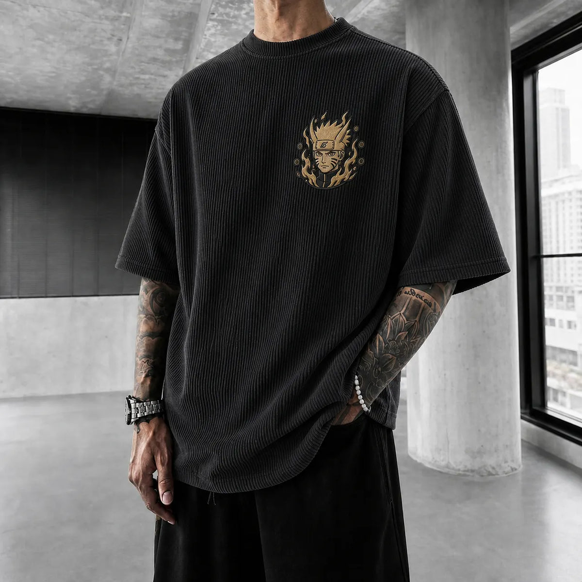 NINDO Unisex Oversized Anime-Print Vertical-Stripe Short-Sleeve T-Shirt