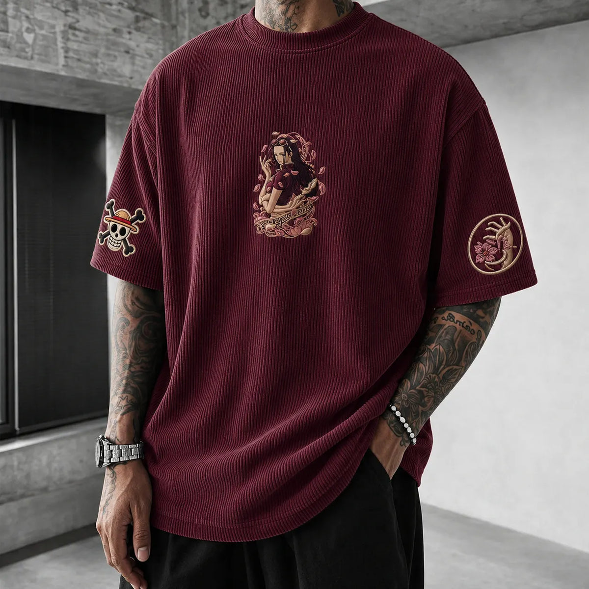 One Piece Unisex Anime-Style Retro Corduroy Oversized T-Shirt