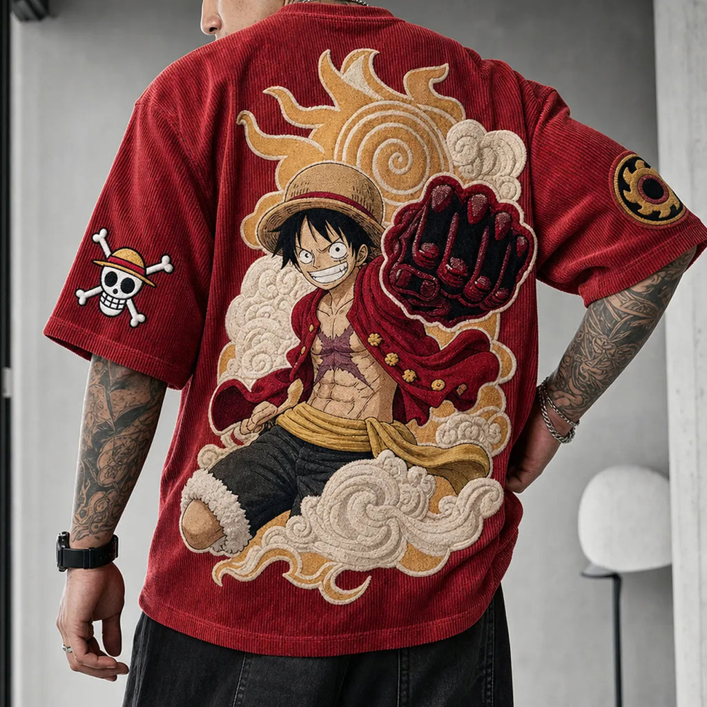 One Piece Unisex Anime-Style Retro Corduroy Oversized T-Shirt