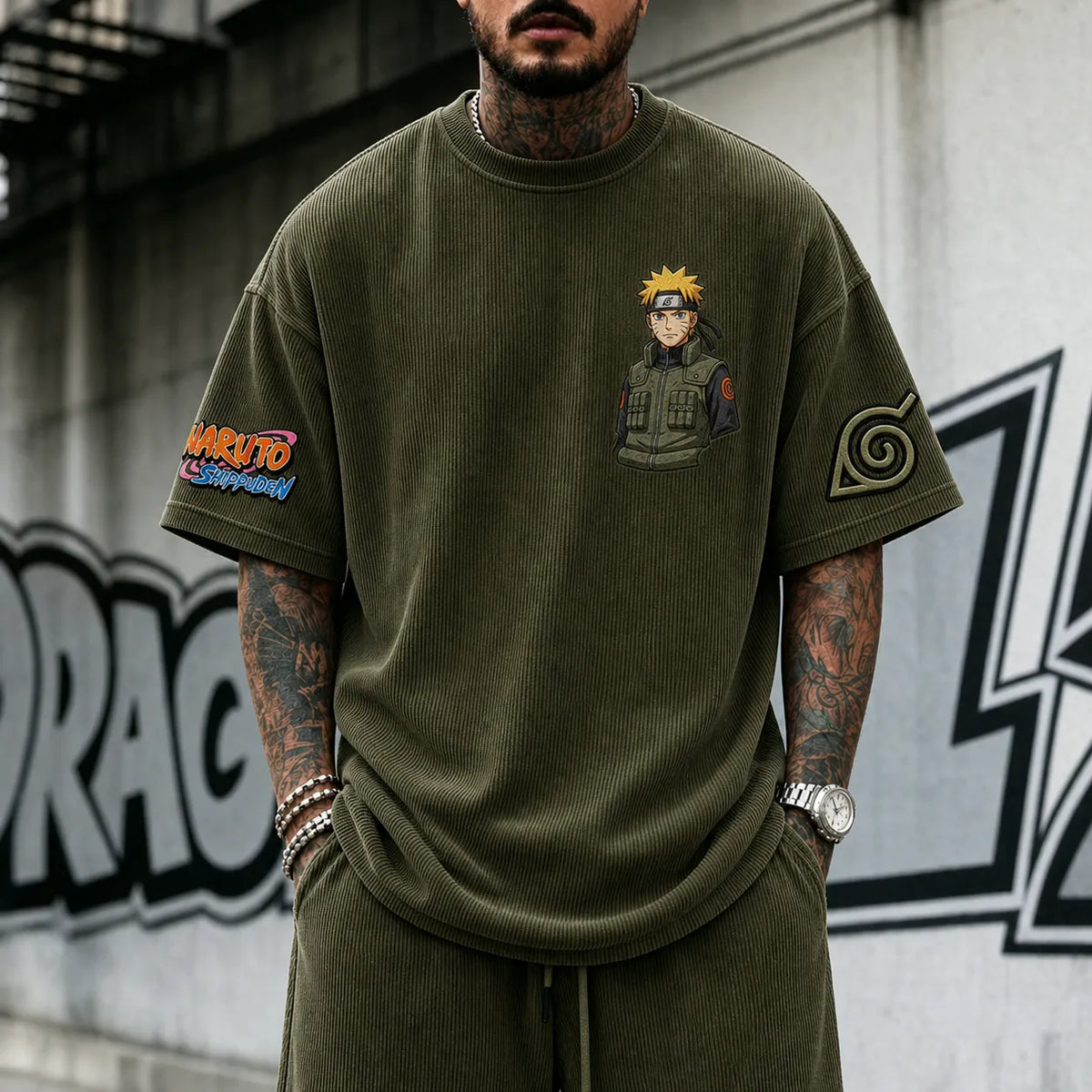 NINDO Unisex Anime-Style Retro Corduroy Oversized T-Shirt