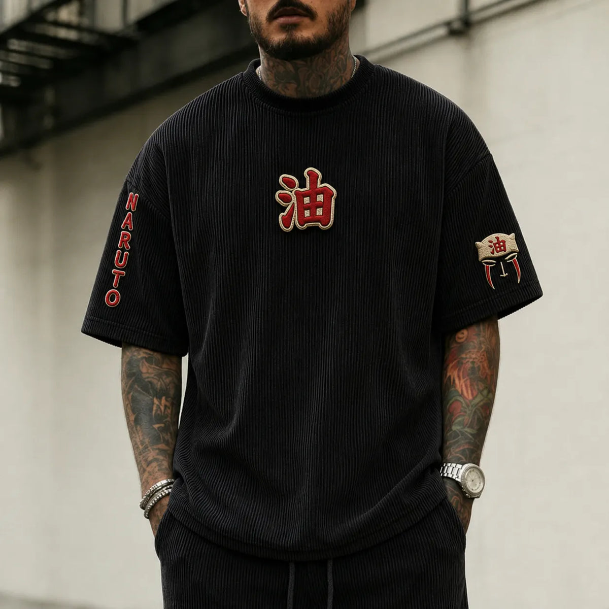 NINDO Unisex Anime-Style Retro Corduroy Oversized T-Shirt