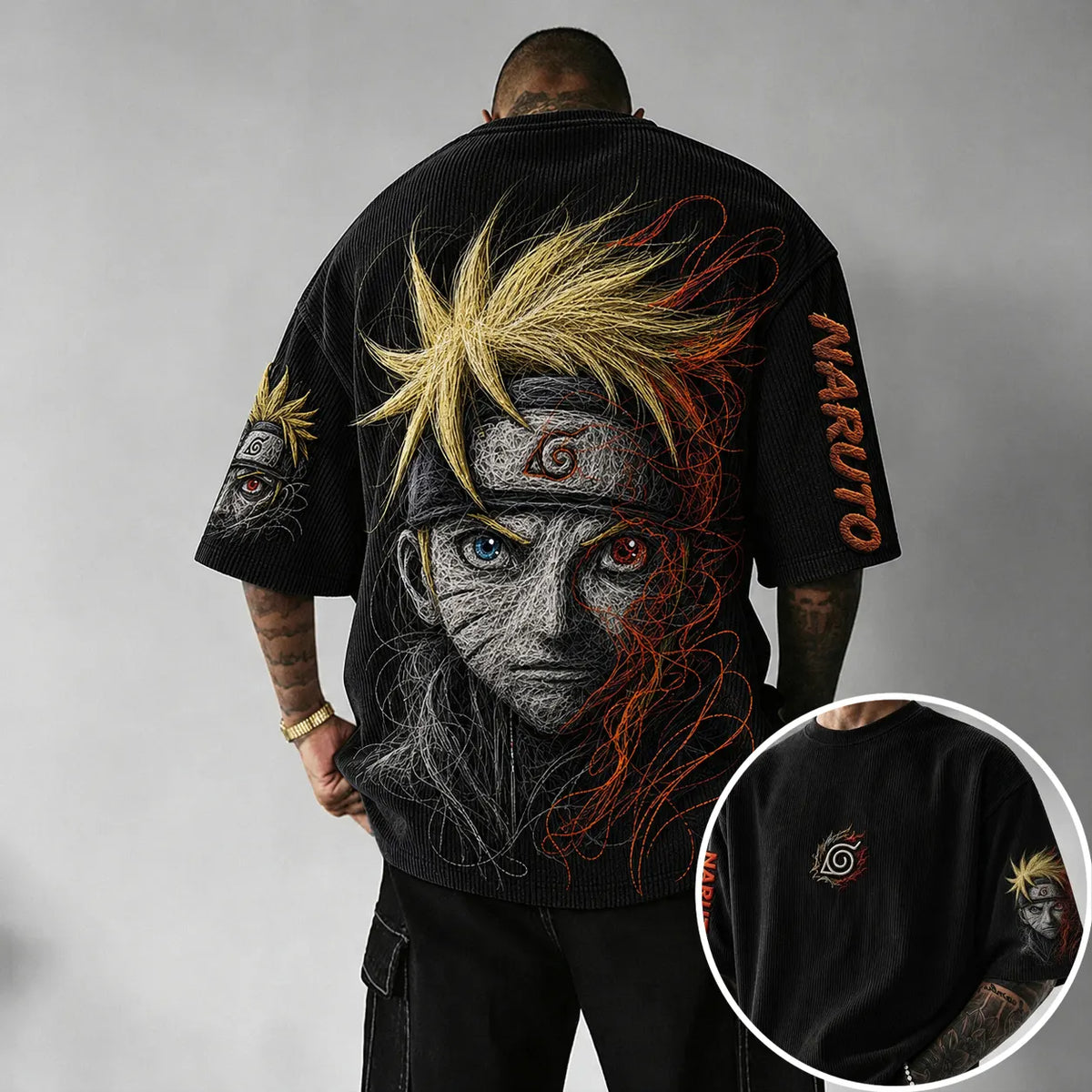 NINDO Unisex Anime-Style Retro Corduroy Oversized T-Shirt