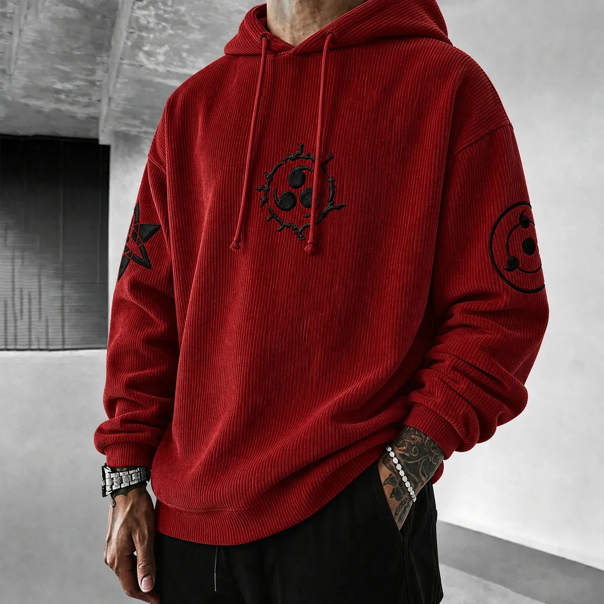 NINDO Unisex Retro Corduroy Hoodie With Anime-style Graphics