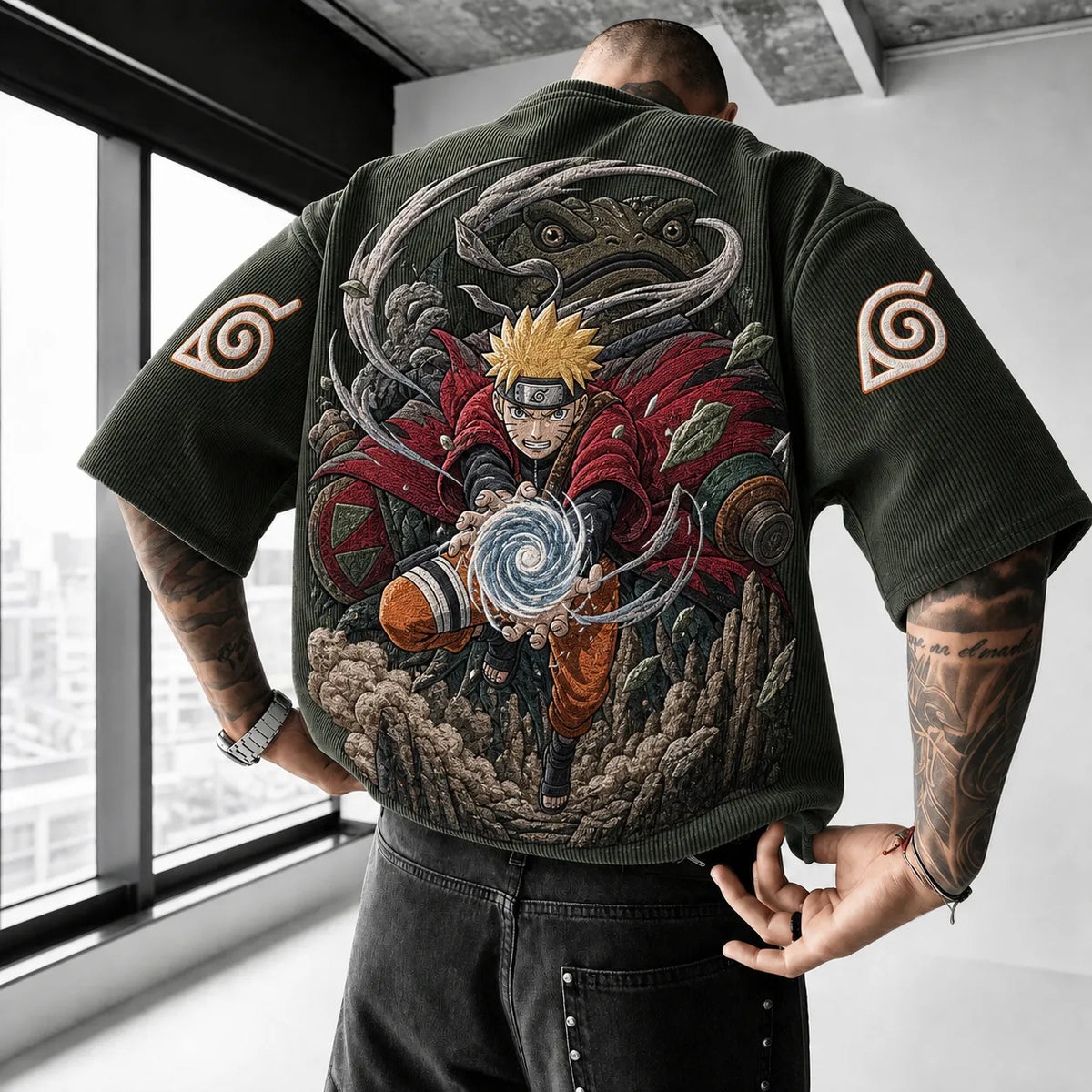 NINDO Unisex Oversized Anime-Print Vertical-Stripe Short-Sleeve T-Shirt