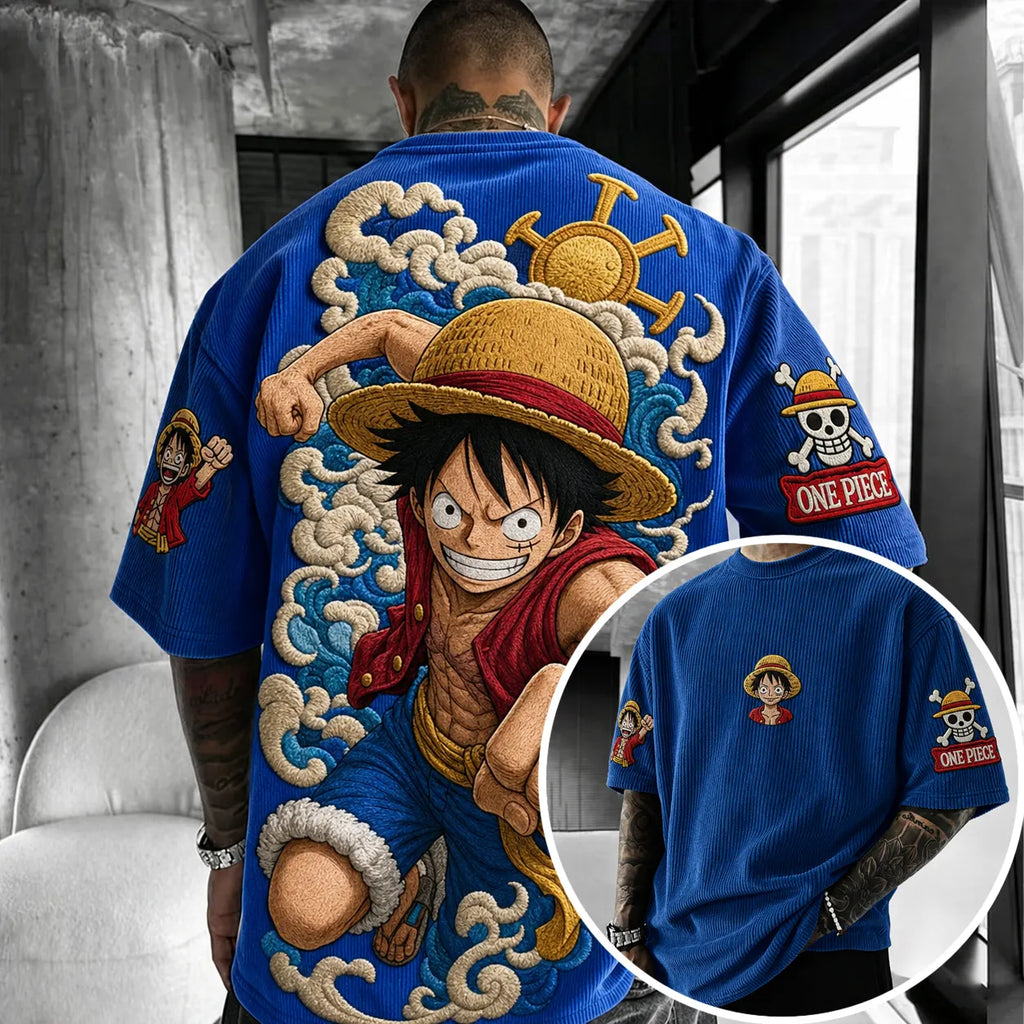 One Piece Unisex Anime-Style Retro Corduroy Oversized T-Shirt