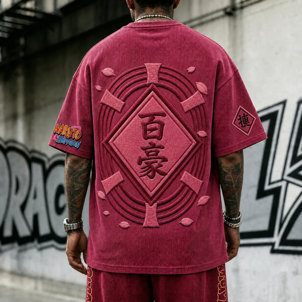 NINDO Unisex Anime-Style Retro Corduroy Oversized T-Shirt