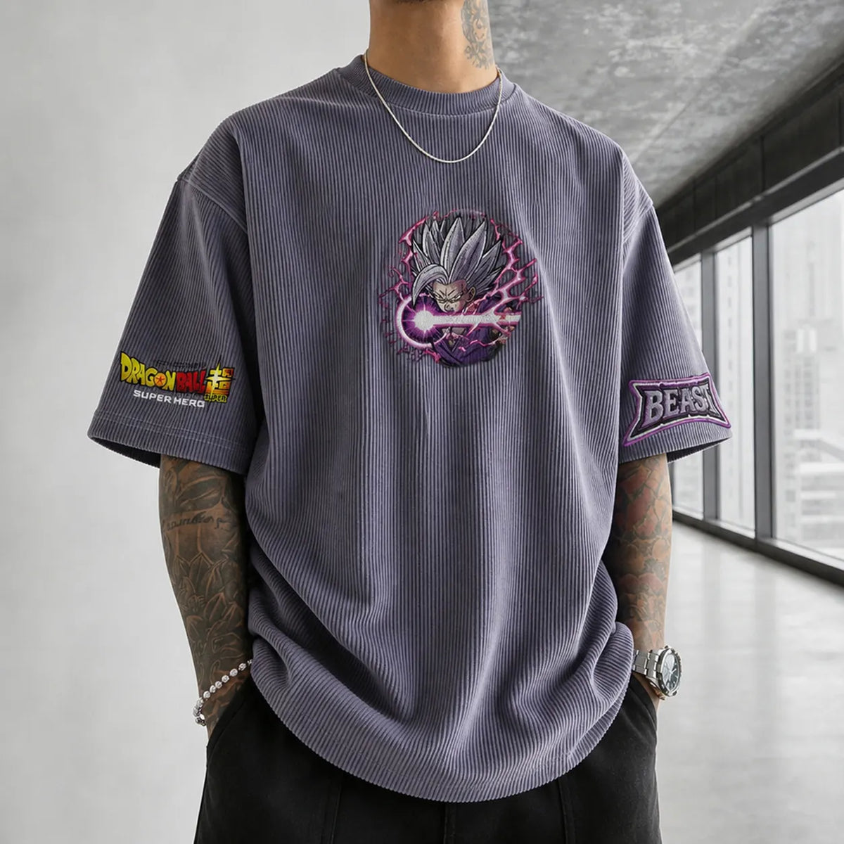 Dragon Ball Unisex Loose-Fit Rock Band Vertical Stripe T-Shirt