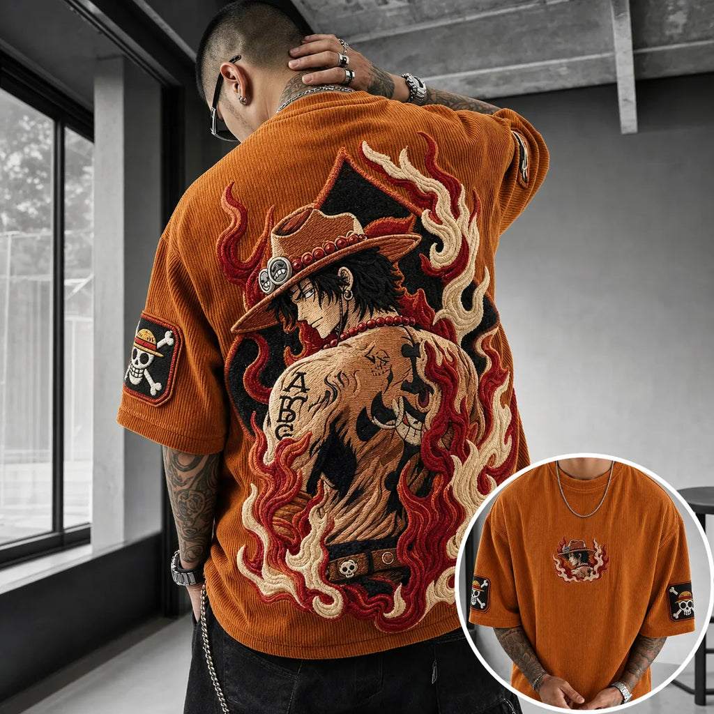 One Piece Unisex Anime-Style Retro Corduroy Oversized T-Shirt