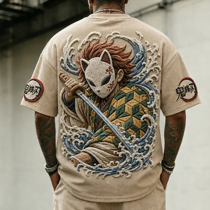 KNY Unisex Oversized Anime-Print Vertical-Stripe Short-Sleeve T-Shirt