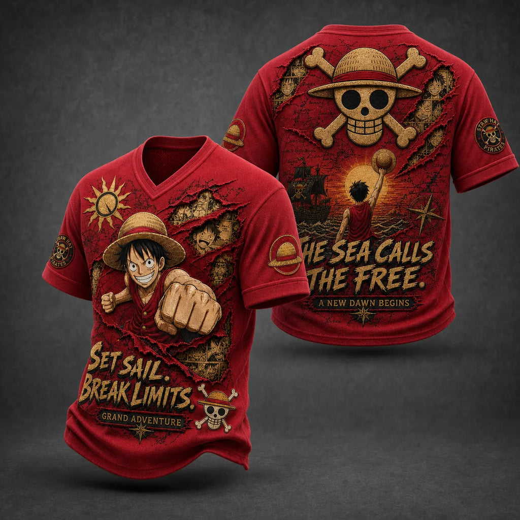 One Piece Pirate Crew Print V-Neck T-Shirt
