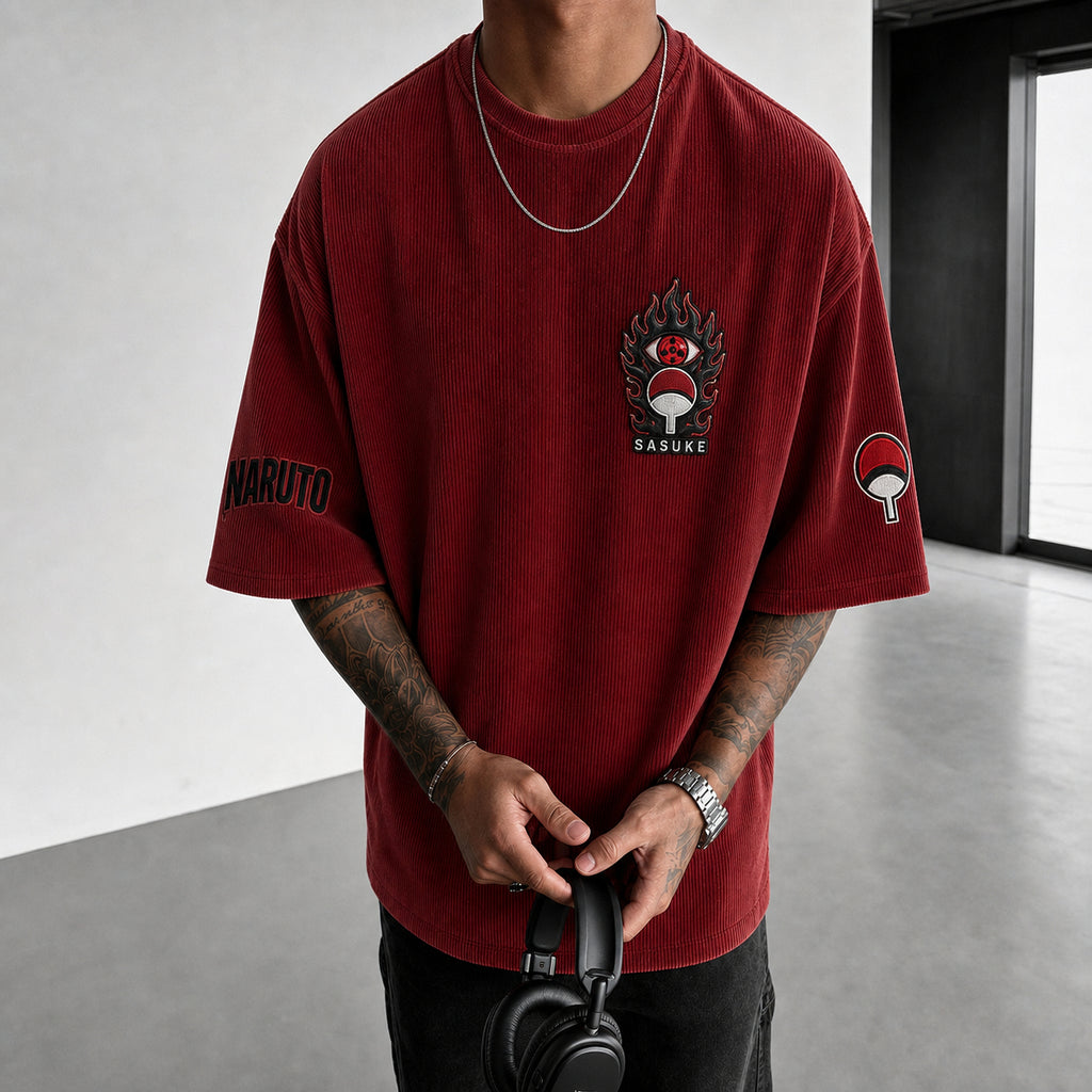 NINDO Unisex Anime-Style Retro Corduroy Oversized T-Shirt