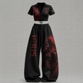 SL-Drawstring Short Sleeve Top & Long Pants Two-Piece Set