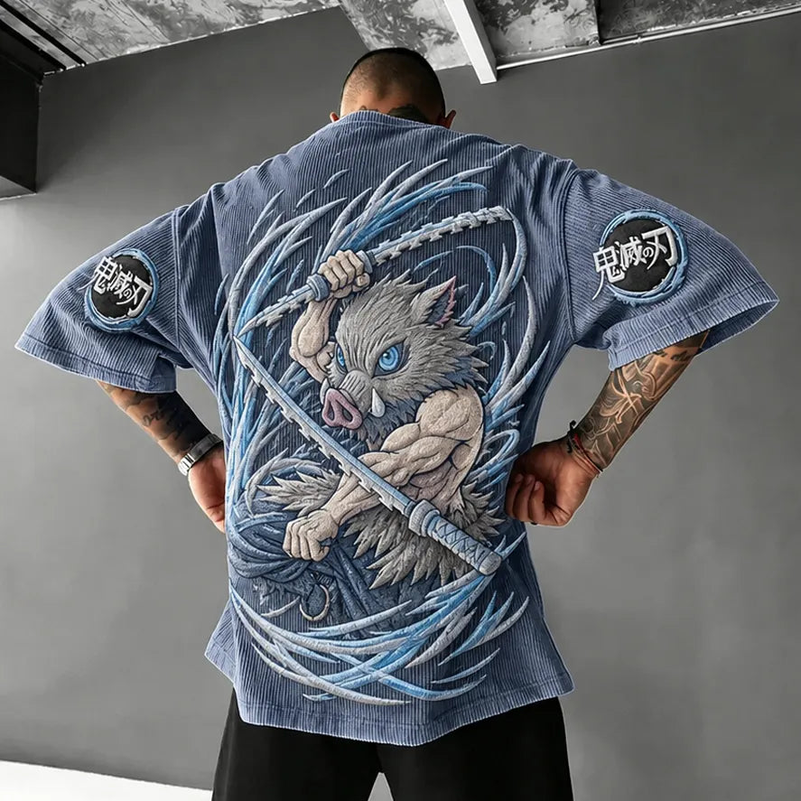 KNY Unisex Oversized Anime-Print Vertical-Stripe Short-Sleeve T-Shirt