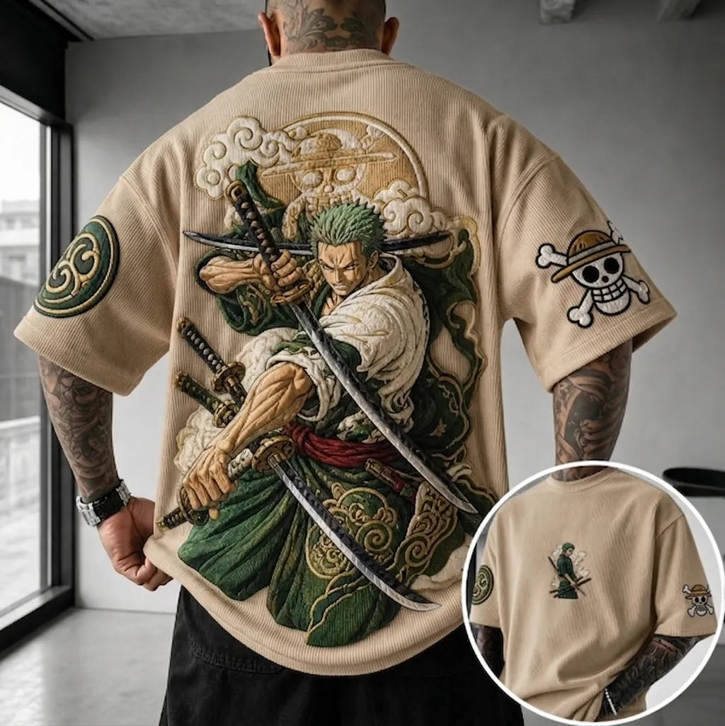One Piece Unisex Anime-Style Retro Corduroy Oversized T-Shirt
