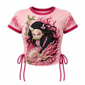 KNY Women's Slim-Fit Short-Sleeve T-Shirt With Anime Print And Side Drawstrings