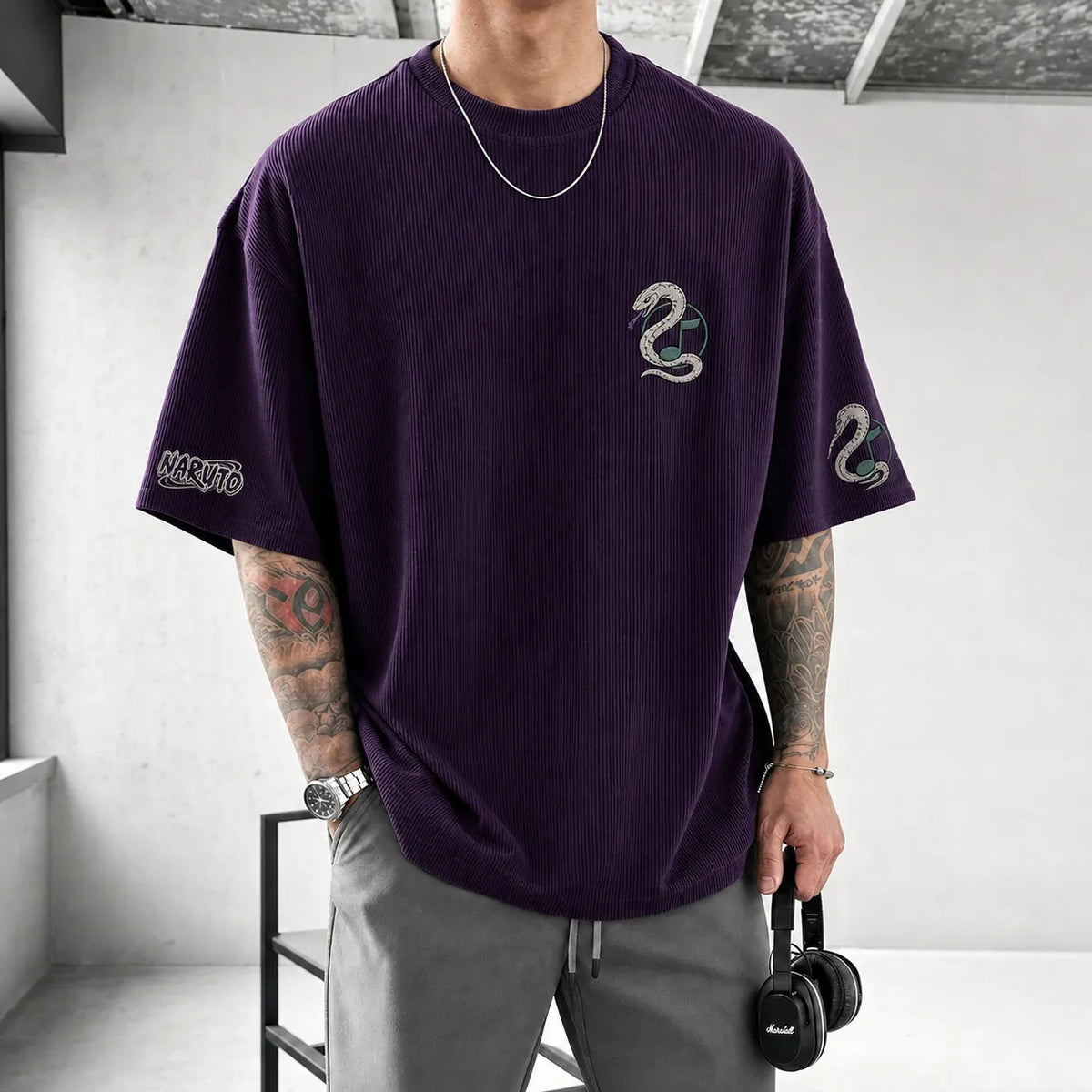 NINDO Unisex Anime-Style Retro Corduroy Oversized T-Shirt