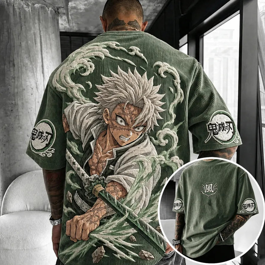 KNY Unisex Oversized Anime-Print Vertical-Stripe Short-Sleeve T-Shirt