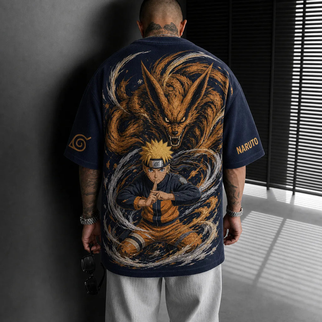 NINDO Unisex Anime-Style Retro Corduroy Oversized T-Shirt