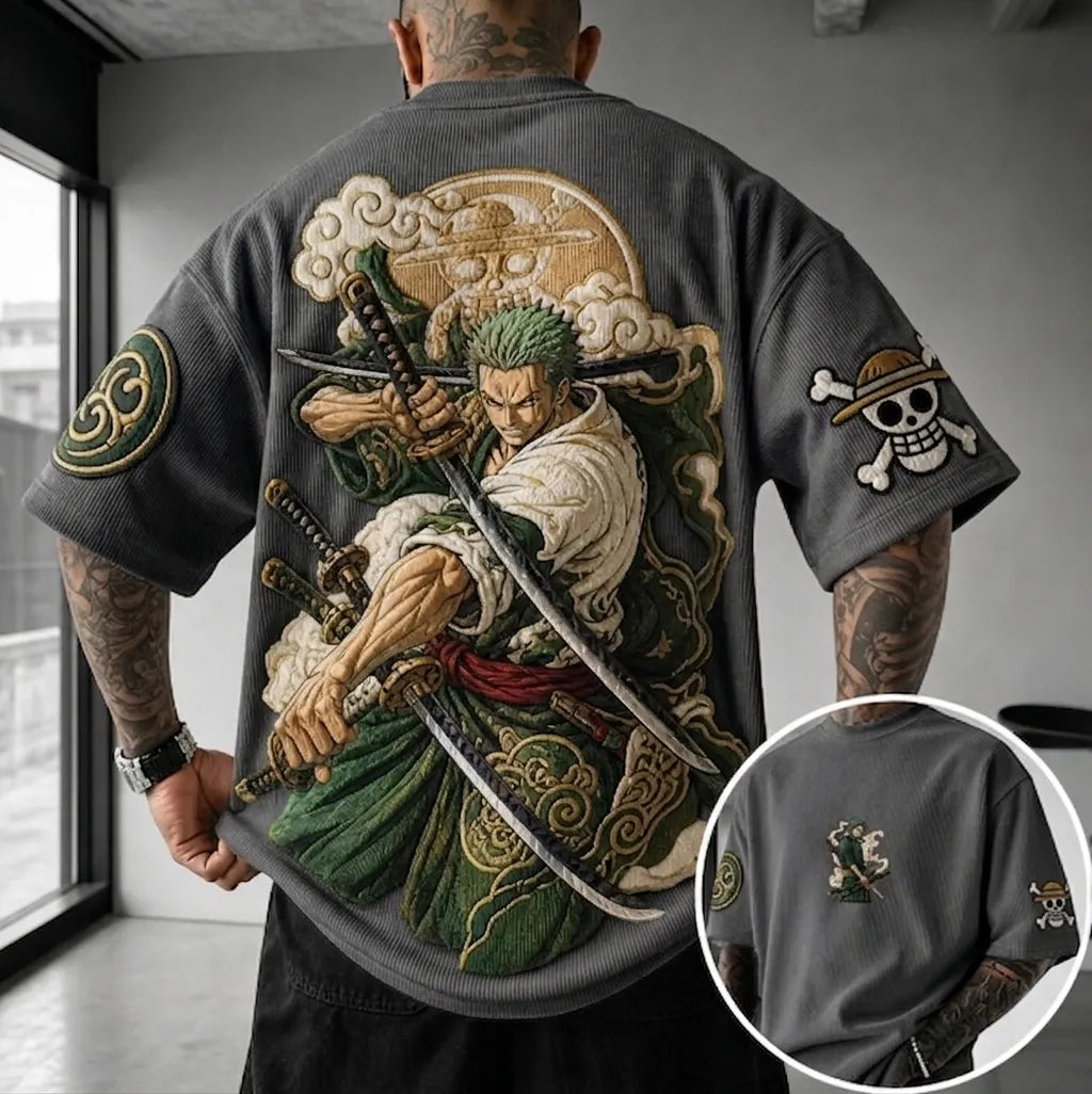 One Piece Unisex Anime-Style Retro Corduroy Oversized T-Shirt