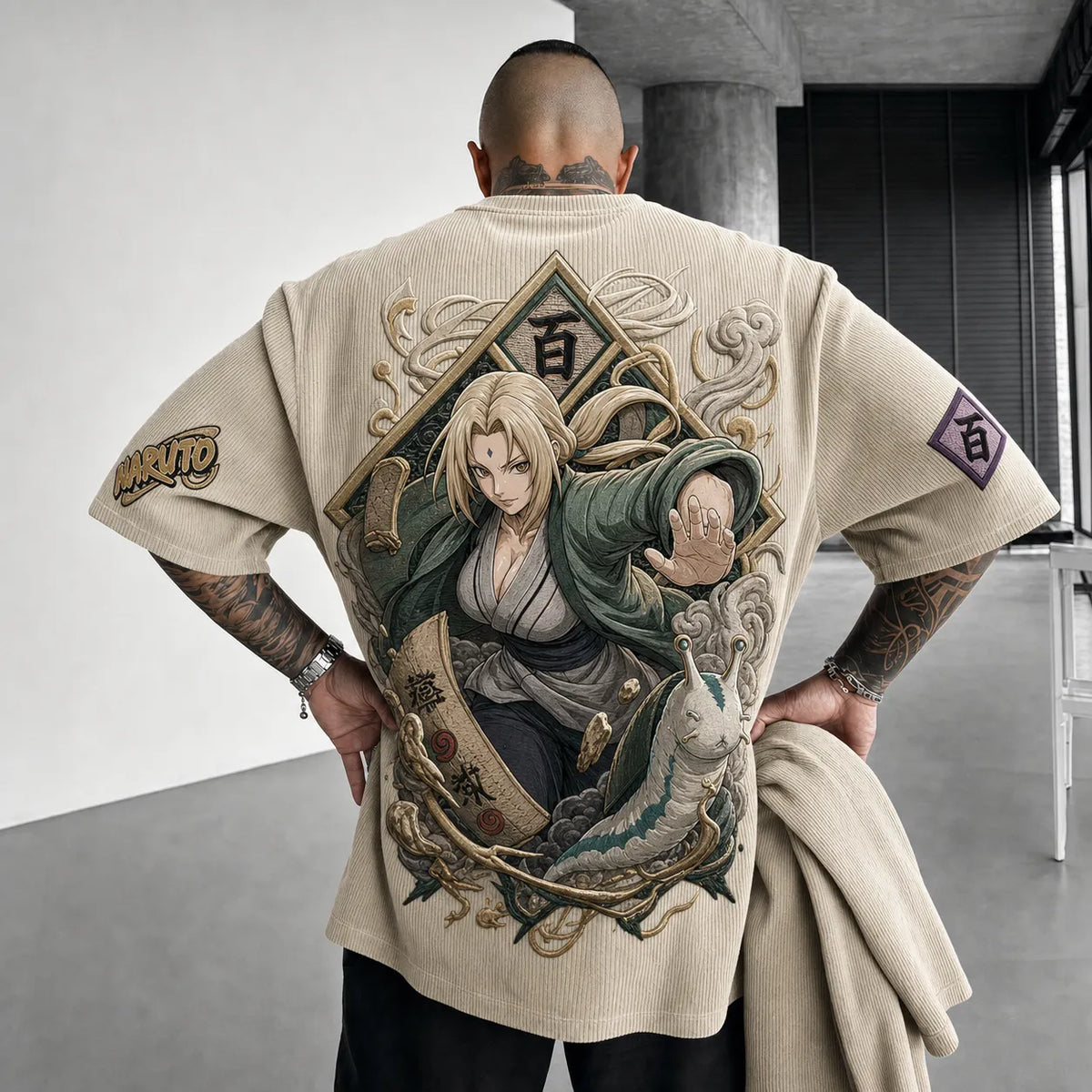 NINDO Unisex Anime-Style Retro Corduroy Oversized T-Shirt
