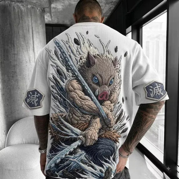 KNY Unisex Anime-Style Retro Corduroy Oversized T-Shirt