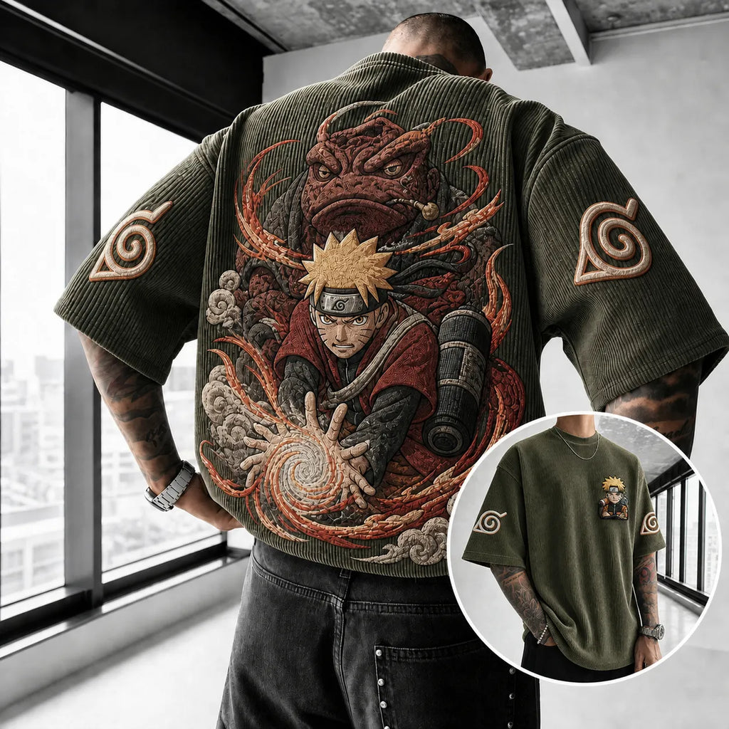 NINDO Unisex Oversized Anime-Print Vertical-Stripe Short-Sleeve T-Shirt
