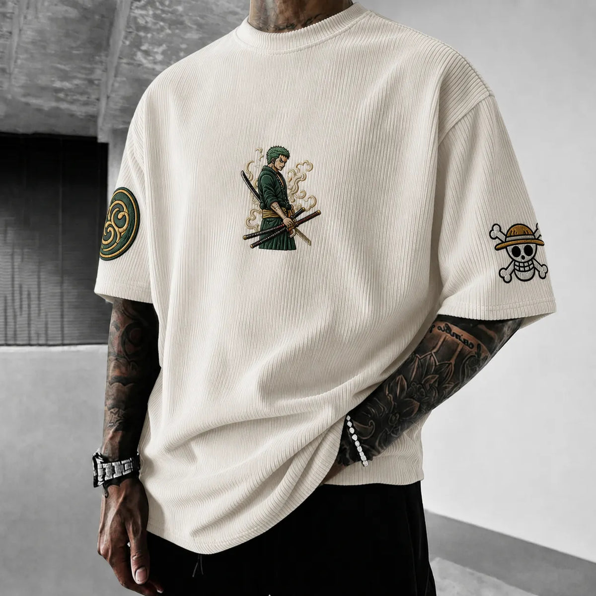 One Piece Unisex Anime-Style Retro Corduroy Oversized T-Shirt