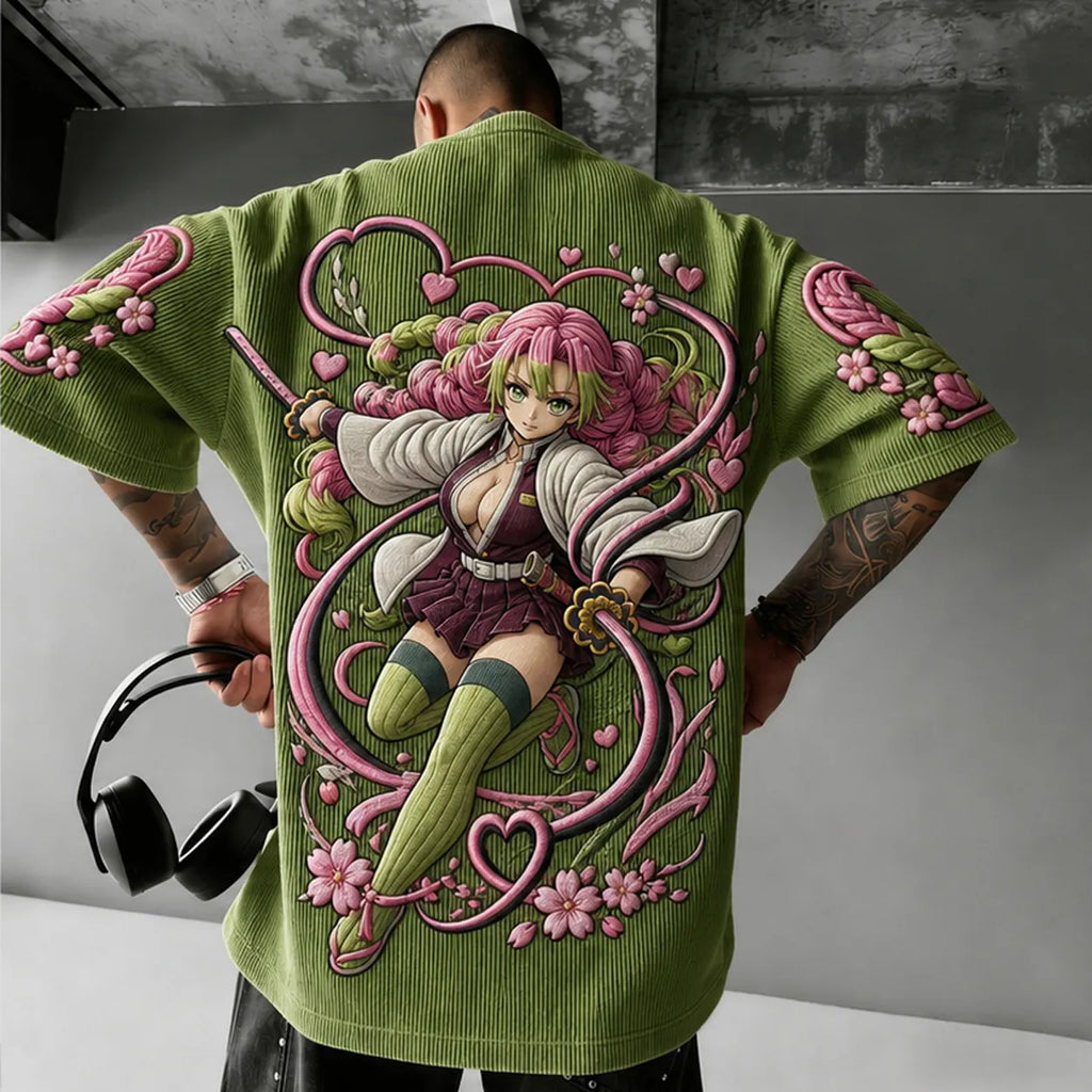 KNY Unisex Anime-Style Retro Corduroy Oversized T-Shirt