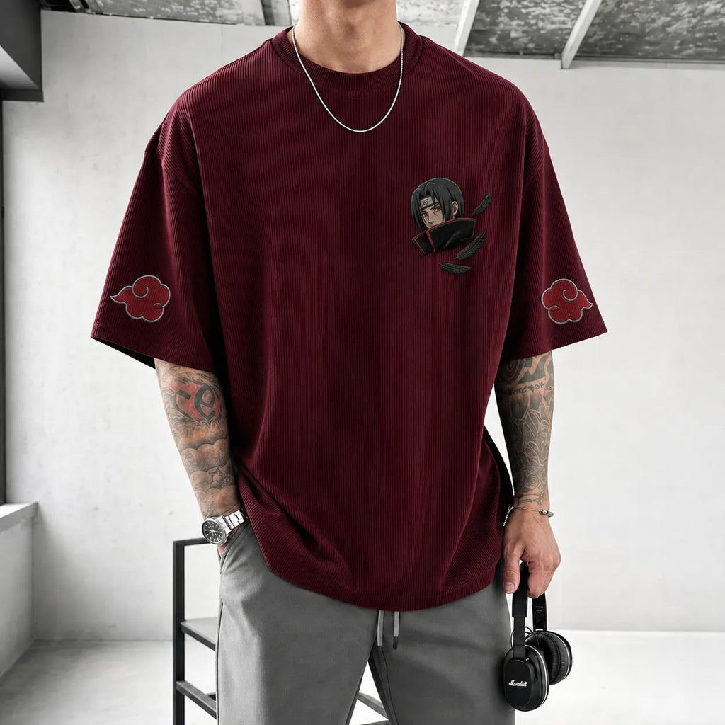 NINDO Unisex Oversized Anime-Print Vertical-Stripe Short-Sleeve T-Shirt