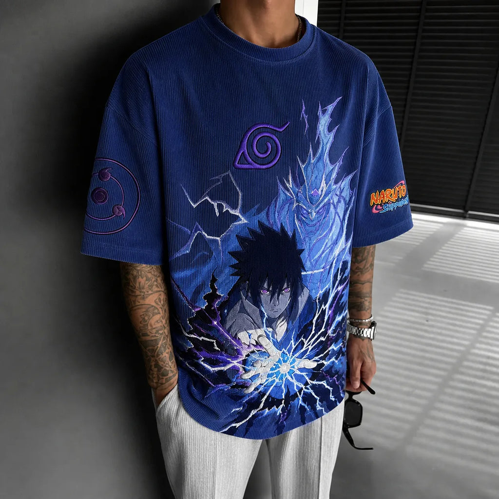 NINDO Unisex Oversized Anime-Print Vertical-Stripe Short-Sleeve T-Shirt