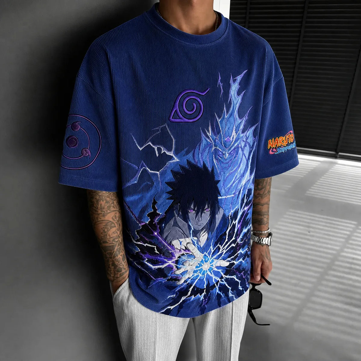 NINDO Unisex Oversized Anime-Print Vertical-Stripe Short-Sleeve T-Shirt
