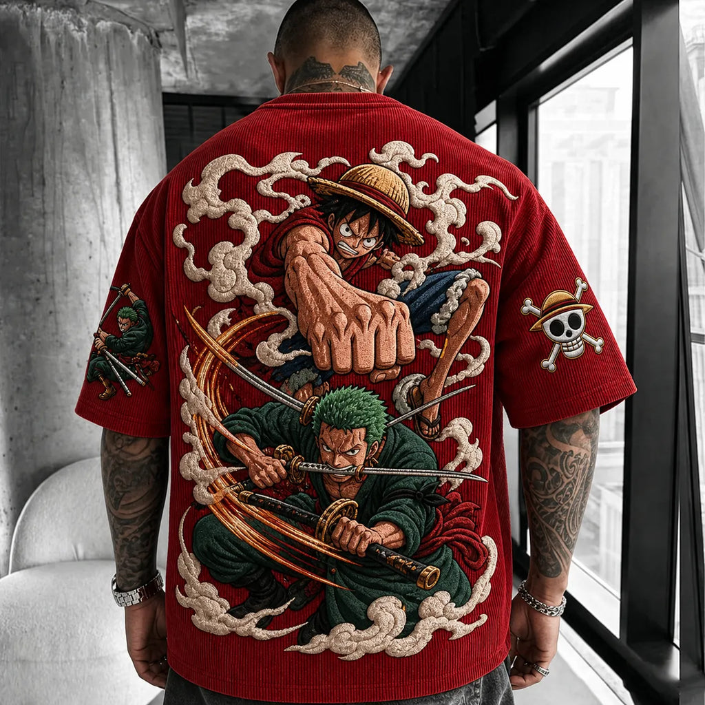 One Piece Unisex Anime-Style Retro Corduroy Oversized T-Shirt
