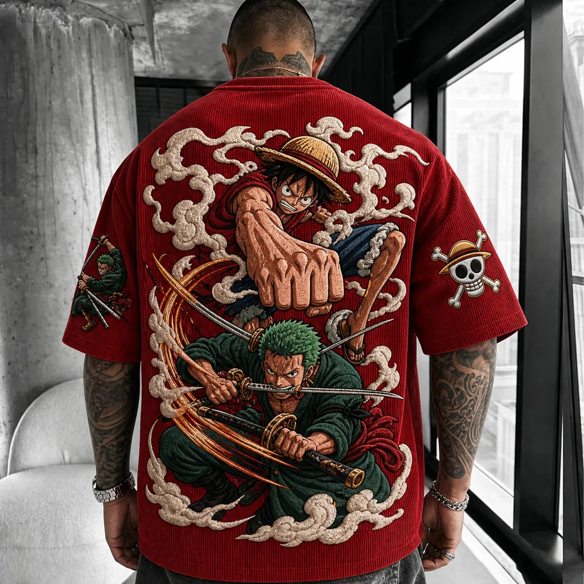 One Piece Unisex Anime-Style Retro Corduroy Oversized T-Shirt