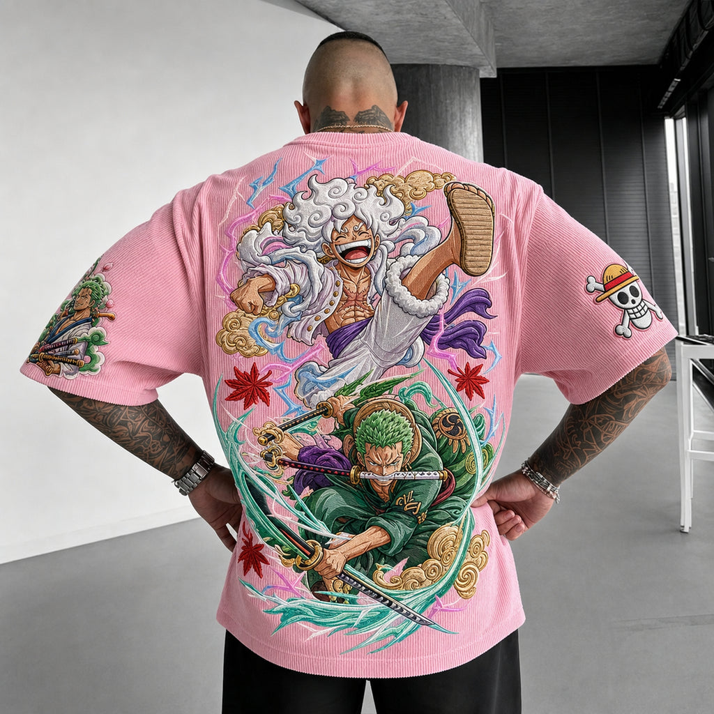 One Piece Unisex Anime-Style Retro Corduroy Oversized T-Shirt
