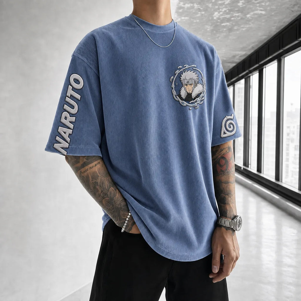 NINDO Unisex Anime-Style Retro Corduroy Oversized T-Shirt
