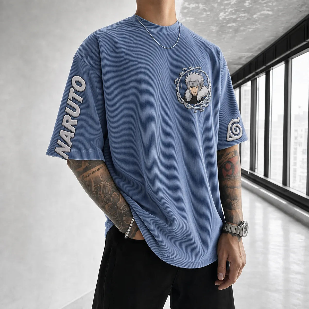 NINDO Unisex Anime-Style Retro Corduroy Oversized T-Shirt