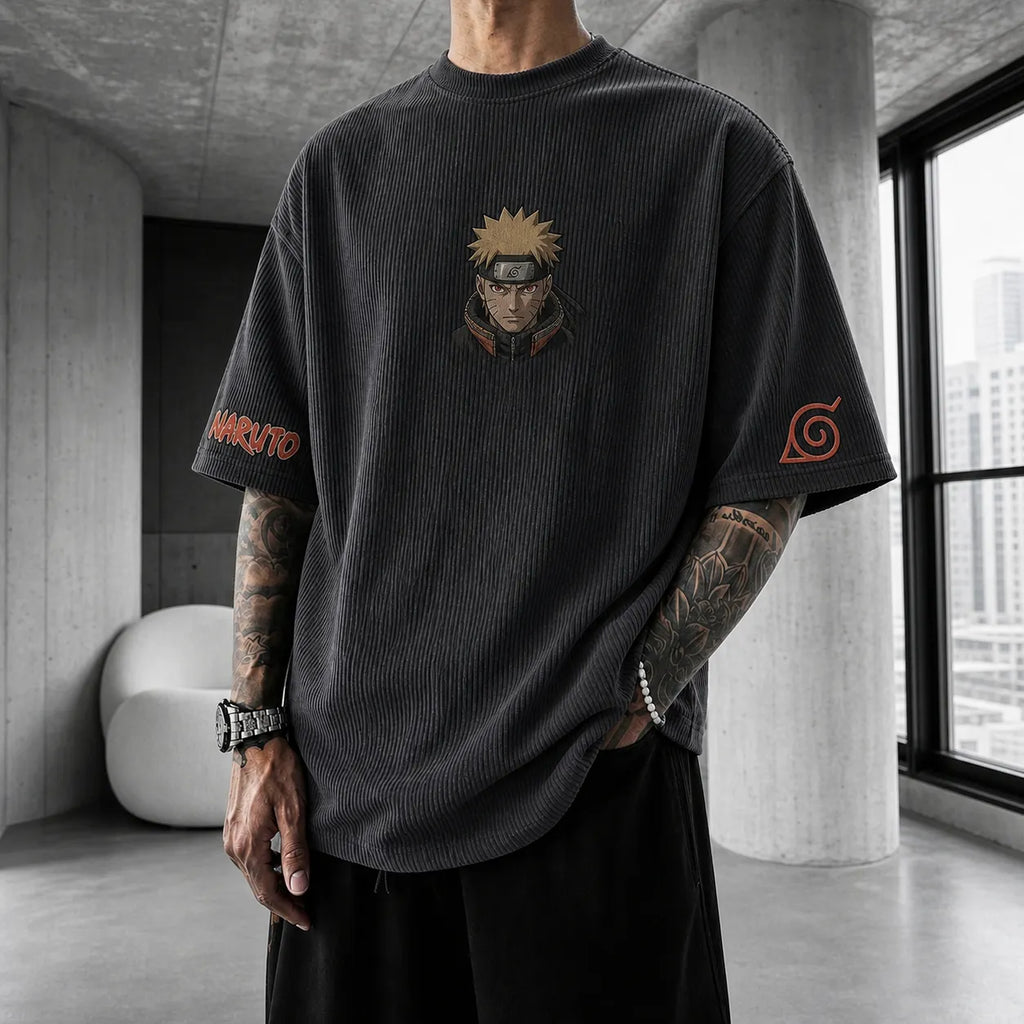 NINDO Unisex Anime-Style Retro Corduroy Oversized T-Shirt