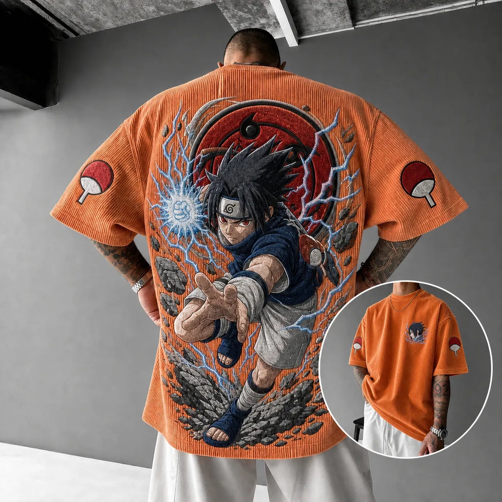 NINDO Unisex Oversized Anime-Print Vertical-Stripe Short-Sleeve T-Shirt