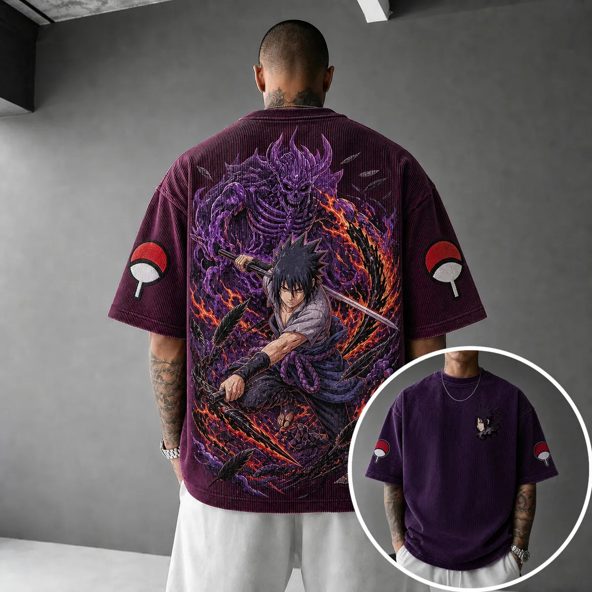 NINDO Unisex Oversized Anime-Print Vertical-Stripe Short-Sleeve T-Shirt