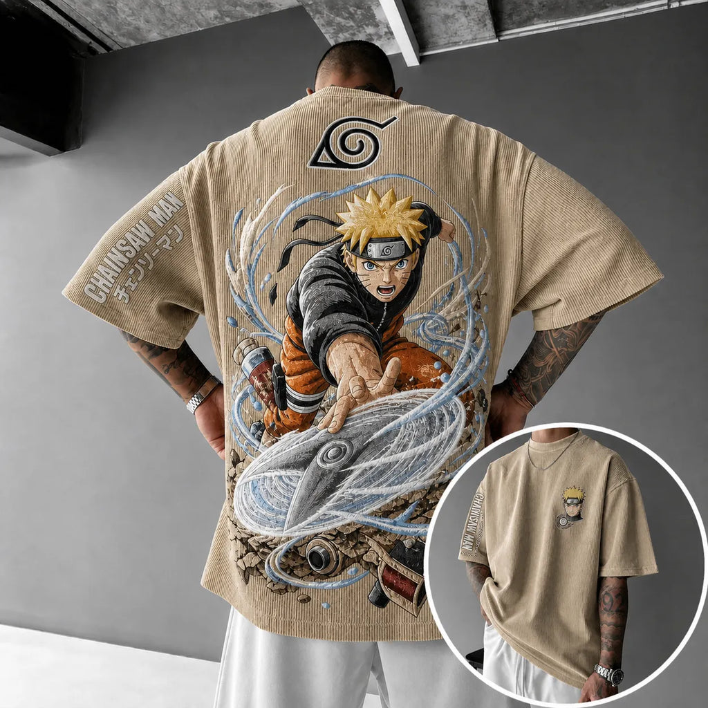 NINDO Unisex Oversized Anime-Print Vertical-Stripe Short-Sleeve T-Shirt