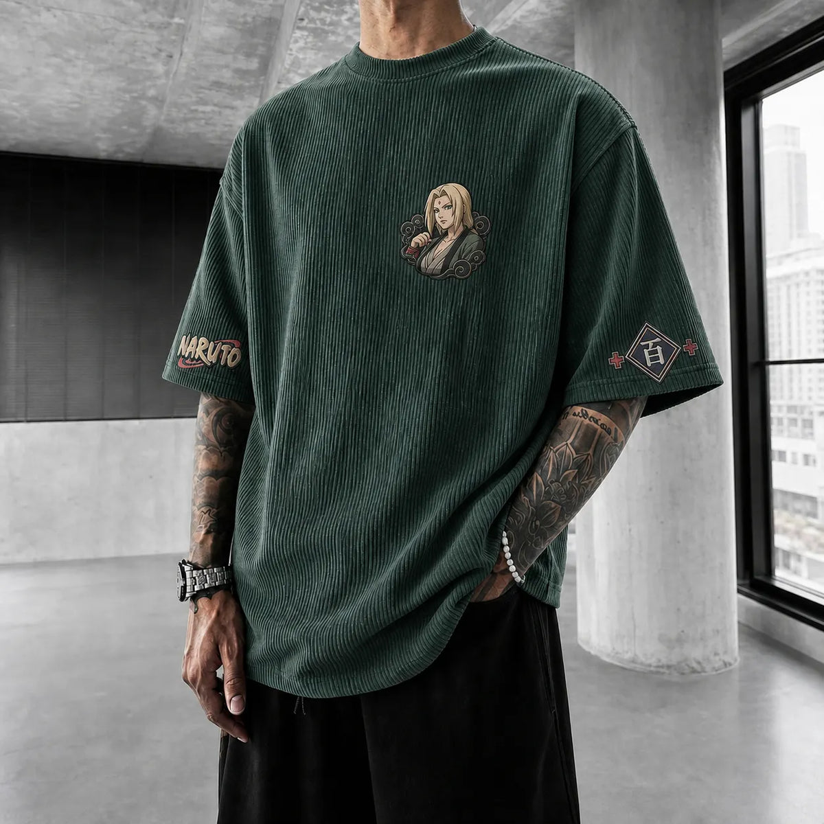 NINDO Unisex Anime-Style Retro Corduroy Oversized T-Shirt