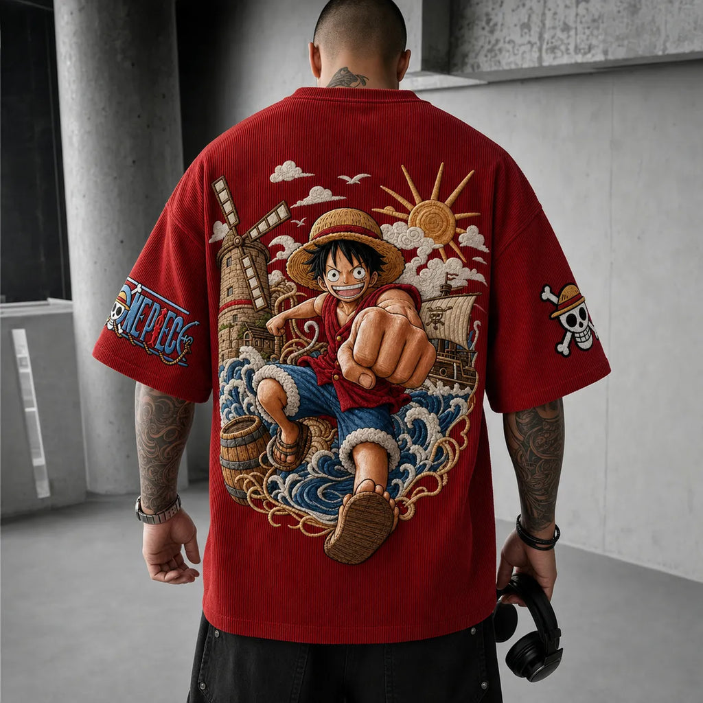 One Piece Unisex Short-Sleeve Corduroy T-Shirt With Anime Print