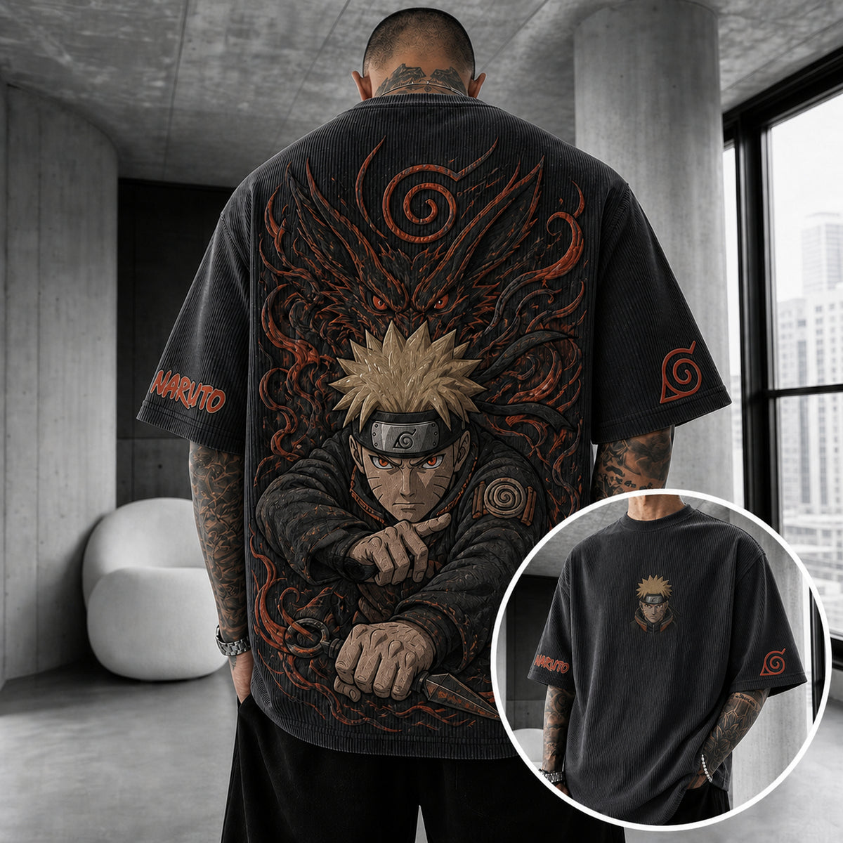 NINDO Unisex Anime-Style Retro Corduroy Oversized T-Shirt