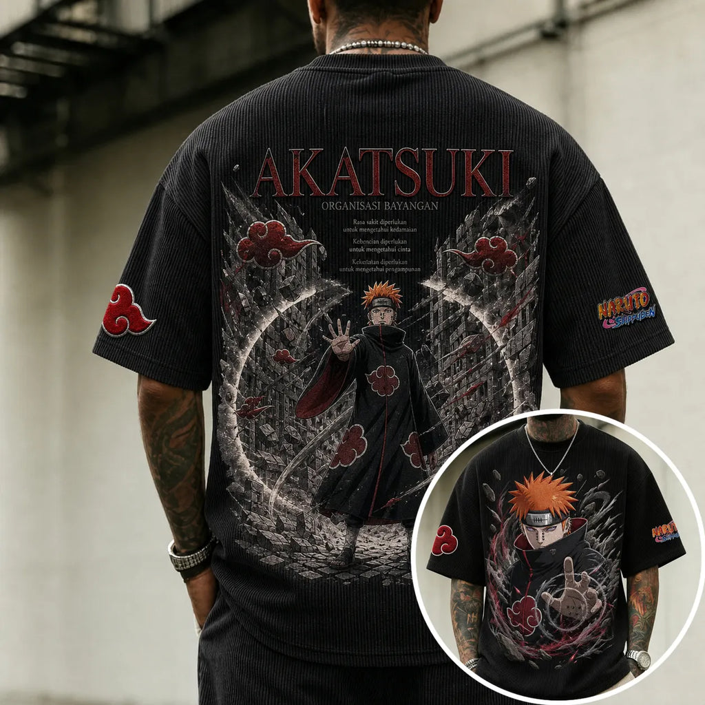 NINDO Unisex Oversized Anime-Print Vertical-Stripe Short-Sleeve T-Shirt