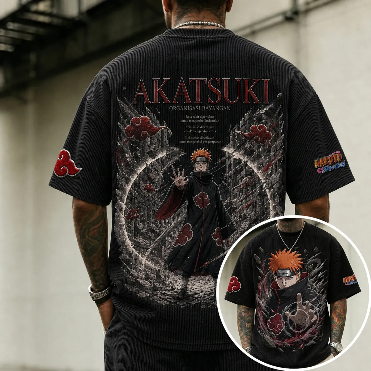 NINDO Unisex Oversized Anime-Print Vertical-Stripe Short-Sleeve T-Shirt
