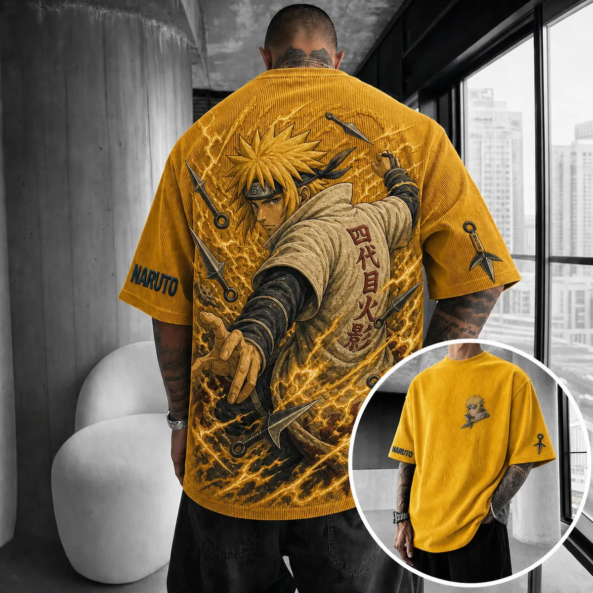NINDO Unisex Anime-Style Retro Corduroy Oversized T-Shirt